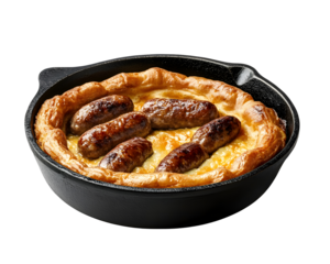 Traditional toad in the hole with sausages baked in Yorkshire pudding batter served in cast iron skillet isolated on transparent background