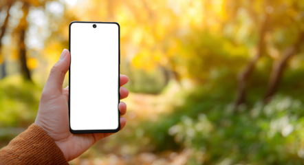 A white or transparent screen smartphone being held outdoors with a blurred nature background. sunny day, vibrant colors.