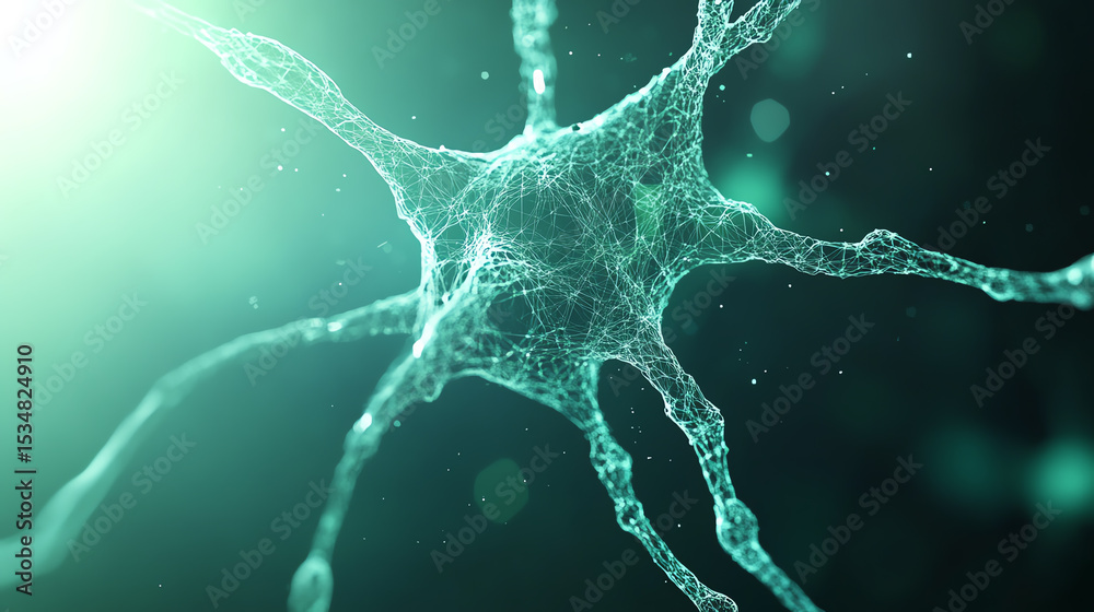 Poster an intricate close-up of a neuron illustrating its structure and connections in a vibrant, glowing e