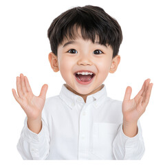Happy Young Child with Short Hair and White Shirt Expressing Joyful Surprise, isolated on transparent background.