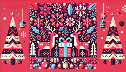 Fototapeta premium A festive and colorful Christmas illustration with a vibrant pink background