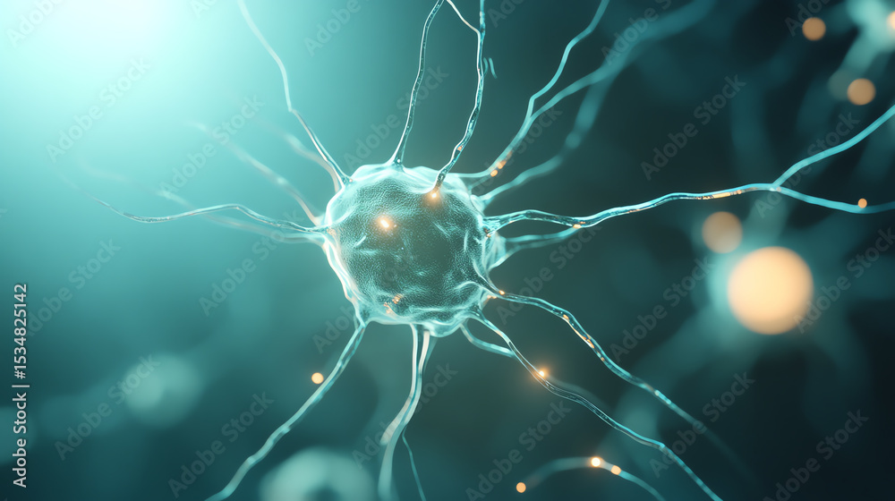 Poster Close-up view of a neuron with intricate network of dendrites and synapses, showcasing the beauty of cellular structures in science.
