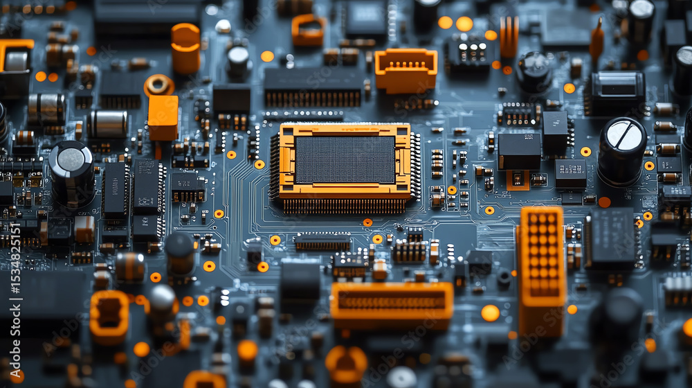 Poster close-up view of a printed circuit board with intricate details and vibrant orange and gray componen
