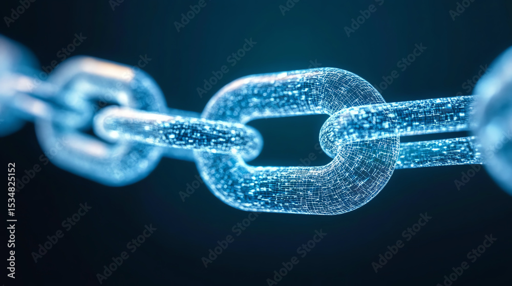 Fototapete Close-up view of a digital chain link representing connectivity, security, and blockchain technology in a futuristic setting.