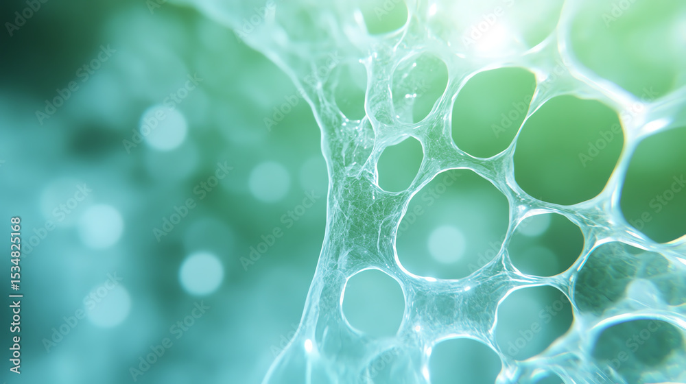 Poster close-up view of cell structures with translucent bubbles and bright green hues, showcasing nature's