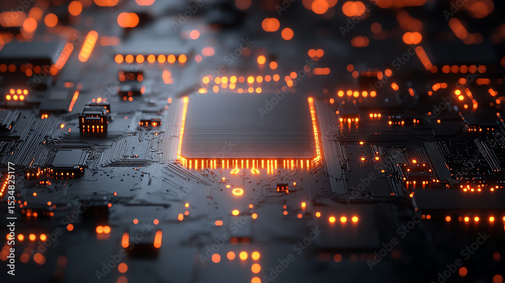 Poster close-up view of a vibrant circuit board illuminated with glowing orange lights, showcasing modern e