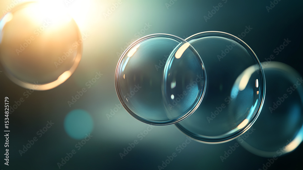 Poster Close-up view of soap bubbles reflecting light, showcasing delicate textures and vibrant colors in a dreamy atmosphere.