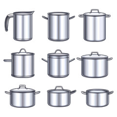 Assortment of Cooking Pots and Kitchen Utensils in Silver Stainless Steel, isolated on transparent background.
