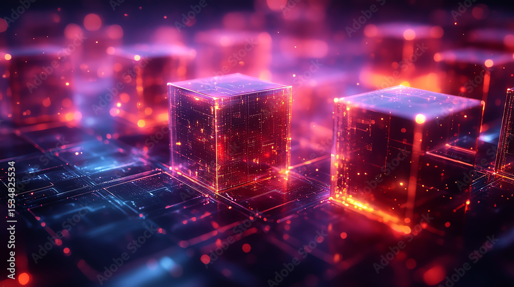 Poster Futuristic digital blocks glowing with vibrant colors, representing modern technological advancements and data visualization.