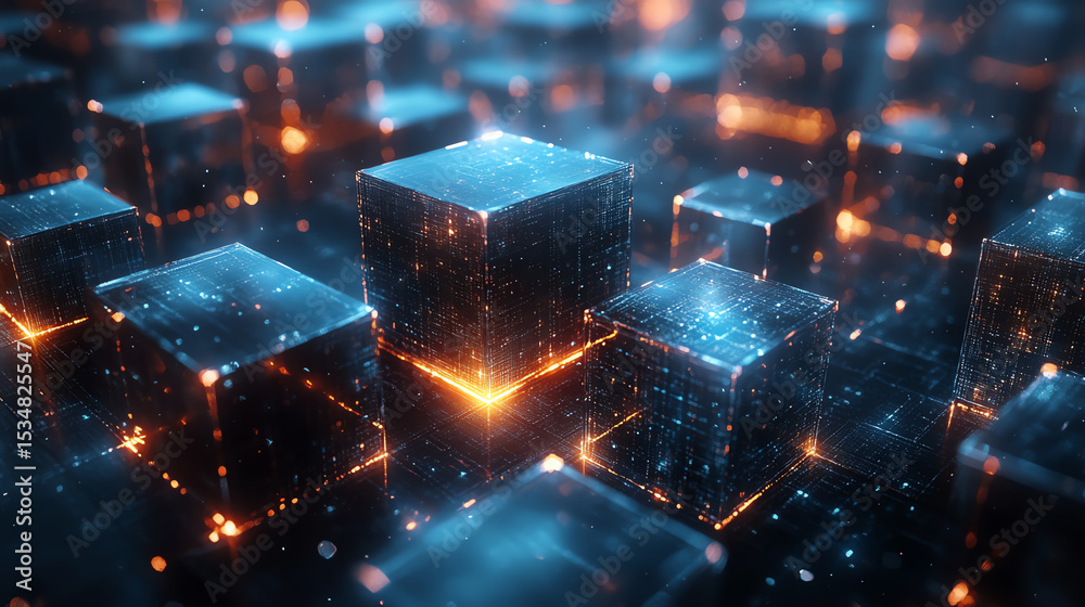 Poster Futuristic digital cubes with glowing edges in a dynamic, technology-driven environment showcasing innovation and creativity.