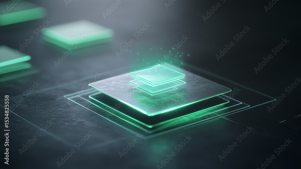 Poster futuristic green chip design with glowing layers on a dark background, symbolizing innovation and ad