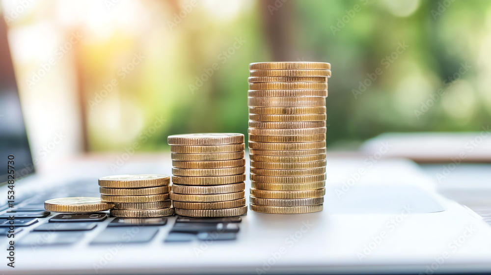Aufkleber stacks of coins on a laptop signify digital finance and investment growth in a modern workspace with