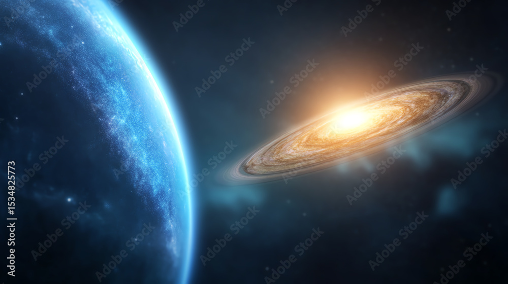 Poster stunning cosmic scene showcasing a distant planet orbiting a glowing star with vibrant colors and a 