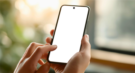 A white or transparent screen smartphone held in both hands, user tapping the screen. shallow depth of field with soft background.