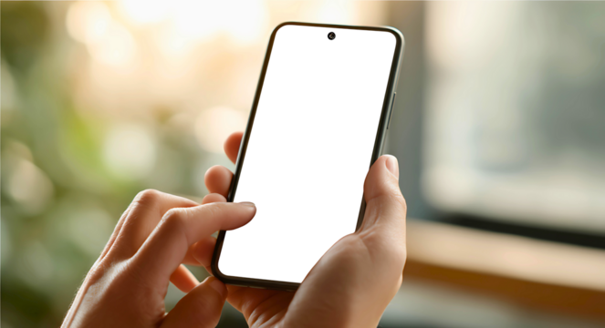 A white or transparent screen smartphone held in both hands, user tapping the screen. shallow depth of field with soft background.