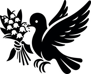 White dove soaring high while holding fragrant Lily of the Valley blooms in beak