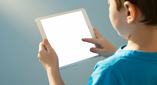 Child using tablet with blank screen digital technology education learning kid boy screen mockup interface app website design online