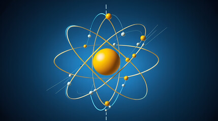 Showcase a theoretical model of an atom, with a nucleus at its center surrounded by electron clouds, governed by the laws of quantum physics