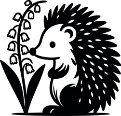 Small hedgehog enjoying the scent of blooming Lily of the Valley flowers nearby
