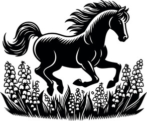 Horse galloping freely beside a field of Lily of the Valley during early spring
