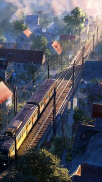 Vintage style commuter train passing through a sunlit residential neighborhood, nostalgic and cinematic, nostalgia anime video