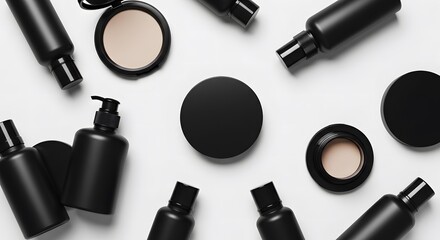 Obraz premium Top view of minimalist black cosmetic bottles and powders on pure white background, no brand, no text 2