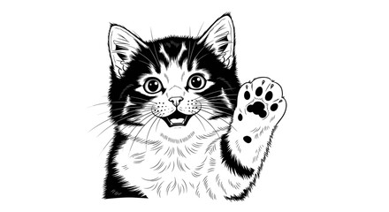 Fototapeta premium Cute Black And White Kitten Waving Paw With Cheerful Expression And Playful Demeanor