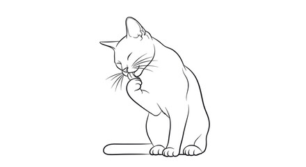 Naklejka premium A Playful White Cat Grooming Itself with a Focused Expression and Clean Pawing Gesture