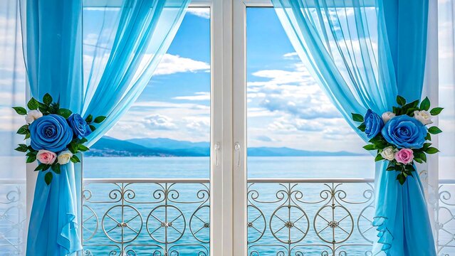 Romantic balcony overlooking sea with blue curtains and rose flower decorations
- Powered by Adobe