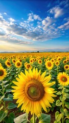 Fototapeta premium Bright sunflower fields with tall yellow flowers stretching as far as the eye can see