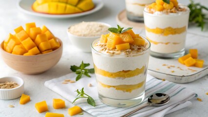 Fresh fruit yogurt with peaches, mint, and a side of healthy boiled egg makes a delicious breakfast meal