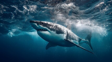 Fototapeta premium Angry shark surrounded by silver waters,showcasing raw marine power and wild ocean fury