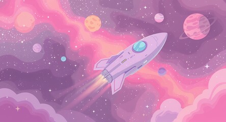 Retro Pixel Art Rocket Soaring Through Vibrant Cosmic Space with Pastel Planets Stars and Swirling Purple Pink Galaxy Creating Nostalgic Dreamy Space Exploration Theme