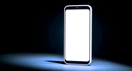 A smartphone with a white or transparent screen whose screen will be displayed on a dark background, with contrasting, dramatic lighting.