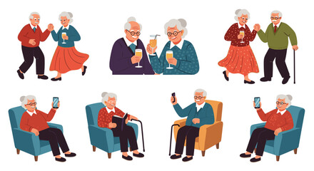 Fototapeta premium Elderly People Enjoying Life with Various Activities Including Dancing and Using Smartphones Happily