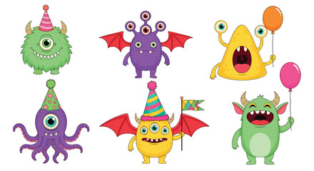 Obraz premium Cartoon Monsters Wearing Party Hats in Different Colors Holding Balloons and Flags for Celebration