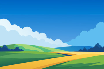 Grass Field landscape with blue sky and white cloud