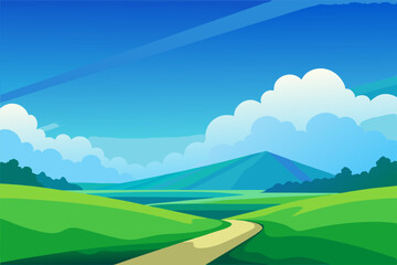 Obraz premium Grass Field landscape with blue sky and white cloud