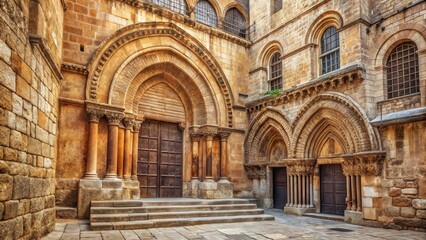 Obraz premium Ancient stone entrance with intricate carvings and ornate details leading to the church of the holy sepulchre in Jerusalem