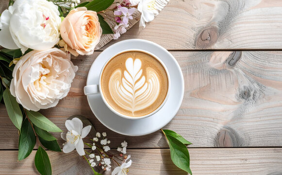 Latte Art and Flowers on Wooden Table &ndash; Cozy Morning Still Life