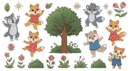 Fototapeta premium Cute Woodland Animals Having a Party Around a Tree in the Forest Scene