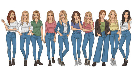 Obraz premium Diverse Group of Young Women Wearing Varied Outfits With Jeans As Base Bottom Wear