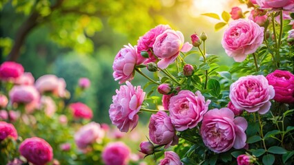 Elegant rose bush in full bloom surrounded by lush greenery and peony flowers
