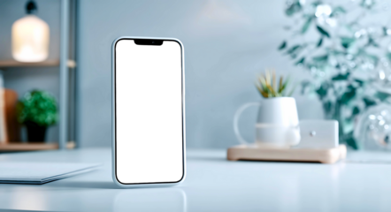 A white or transparent screen smartphone with a sleek design placed on a minimalist desk setup. clean lighting and soft shadows.