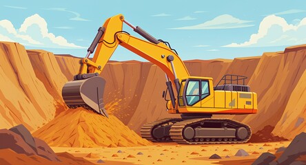 Vibrant Pixel Art of Yellow Excavator Digging Earth at a Construction Site Under a Partly Cloudy Sky with Retro Appeal and Detailed Textures
