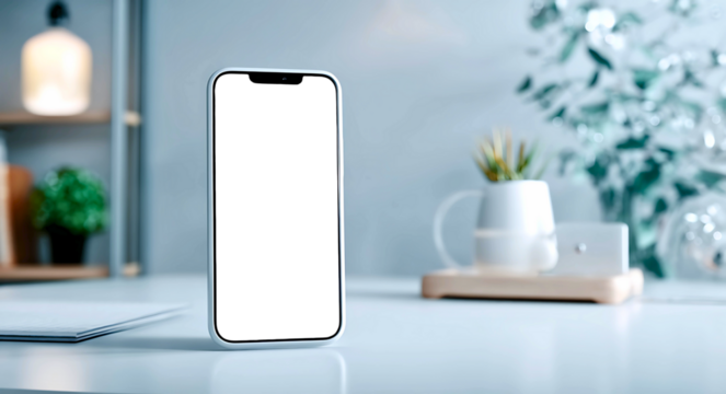 A white or transparent screen smartphone with a sleek design placed on a minimalist desk setup. clean lighting and soft shadows.