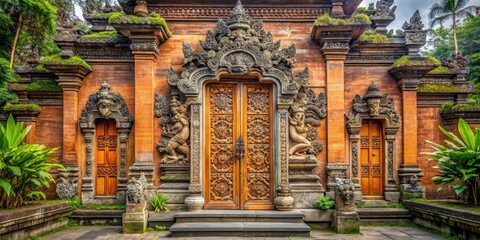 Obraz premium Ancient Hindu temple gate with intricate stone carvings and ornate wooden doors