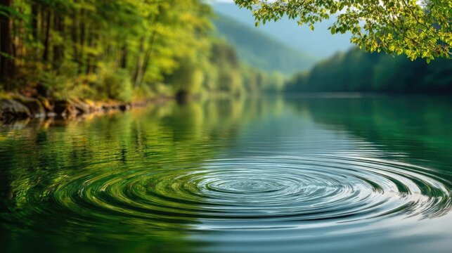 Inner peace journey for relaxation and emotional healing concept. Serene lake reflections surrounded by lush green trees.
