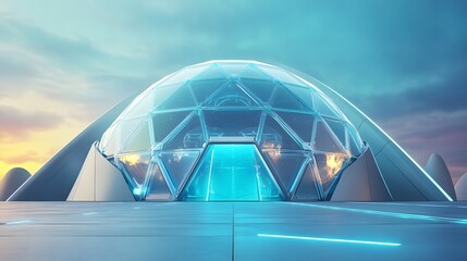 Futuristic Geodesic Dome with Luminous Elements at Sunset
