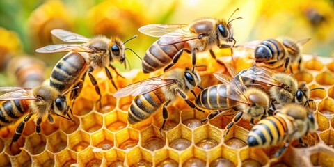 Bees collecting nectar from a flower and storing it in their honeycomb